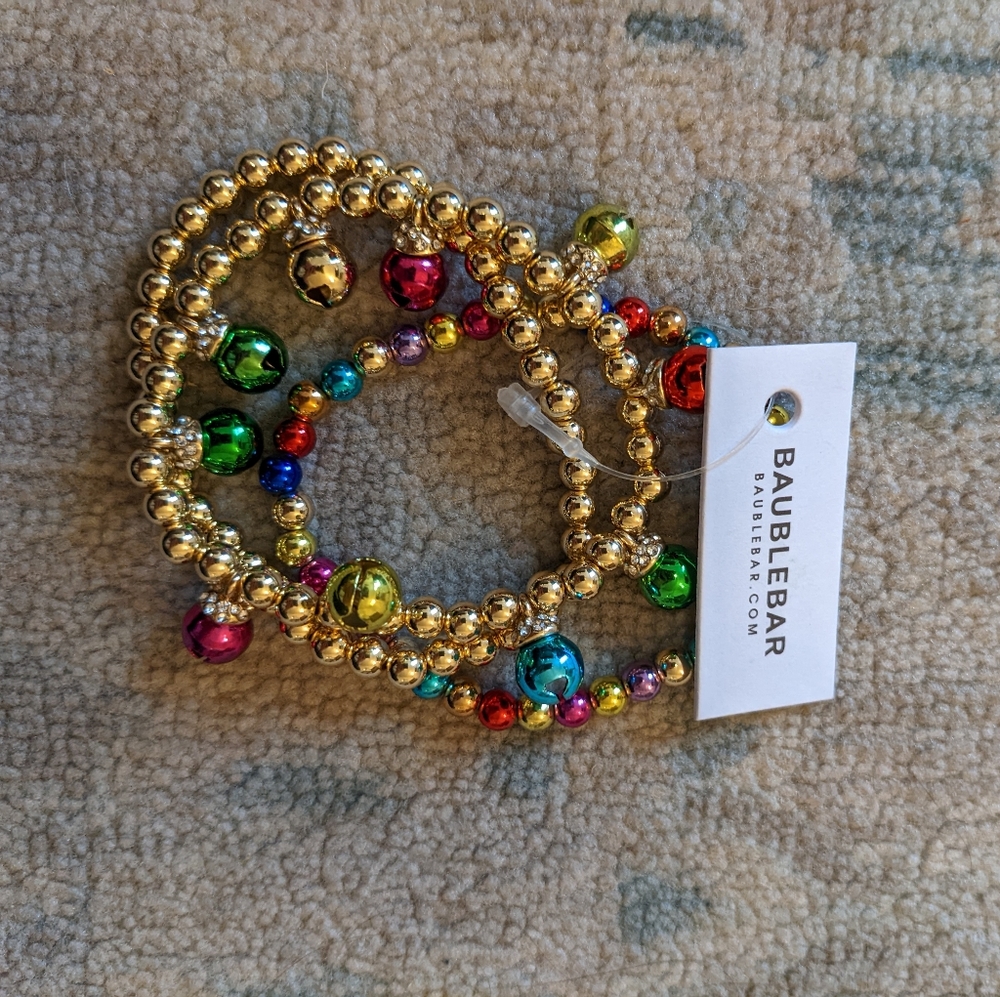 3 Baublebar Bracelets. Multi Colors, Bells and Gold bracelets. Brand-new